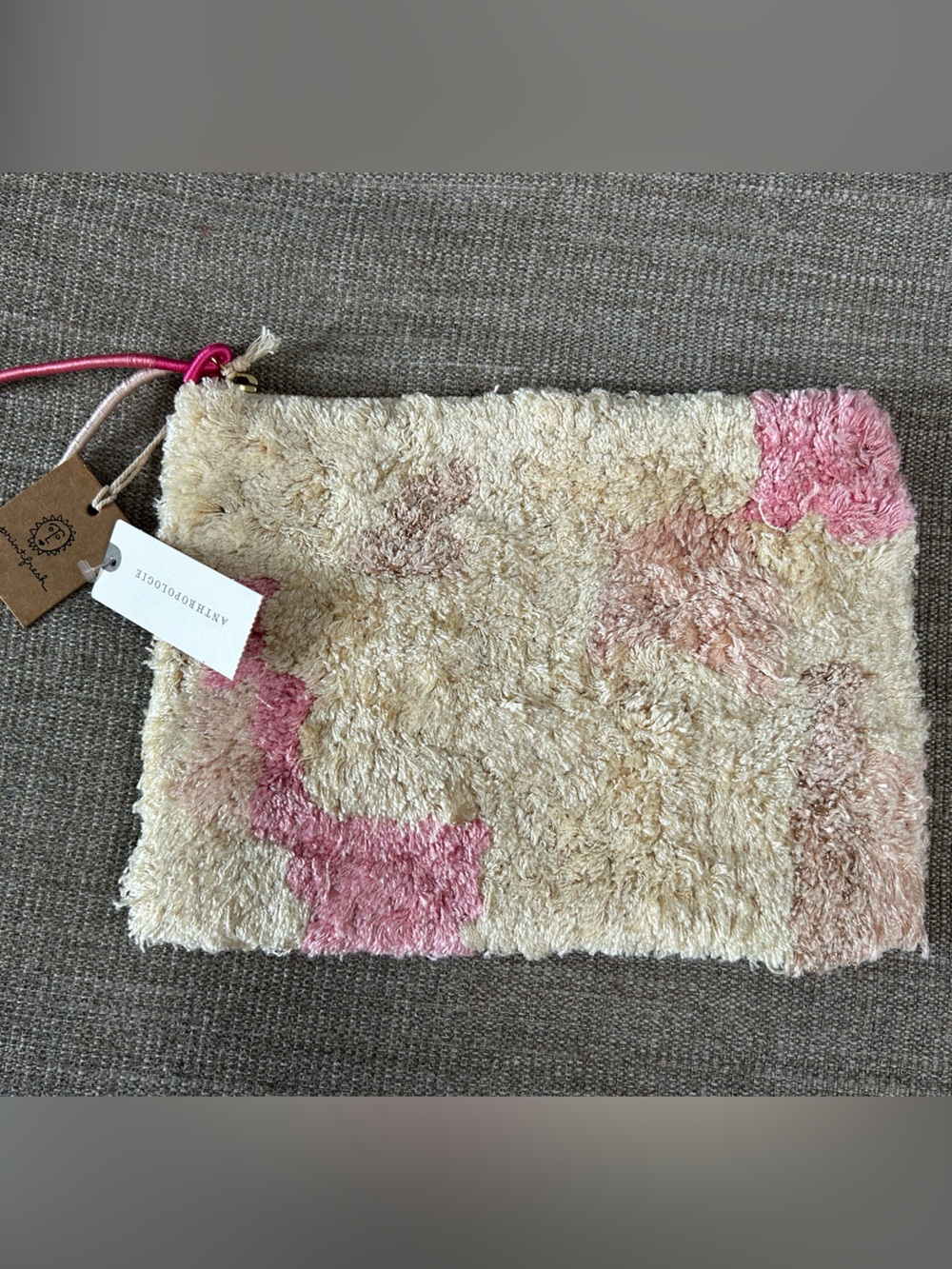 Anthropologie Cream and Pink Shag Wristlet Pouch